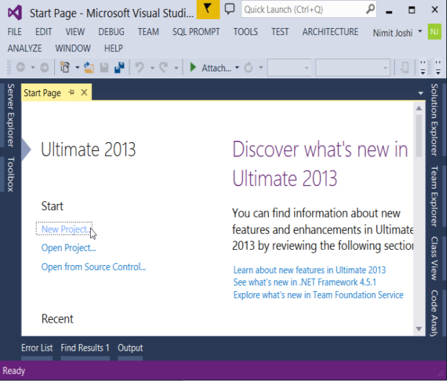 Start Page of VS 2013